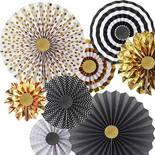 Hola Fiesta,Gold Black Paper Fans Flower for Halloween Party Decorations,black2,Set of 8