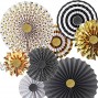 Hola Fiesta,Gold Black Paper Fans Flower for Halloween Party Decorations,black2,Set of 8