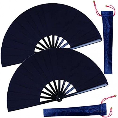 HONSHEN 2 Pack Large Folding Hand Fan,Black Chinese Kung Fu Tai Chi Fan Nylon-Cloth Fans for Men and Women Performance,Dance,Decorations,Festival,Gift Black