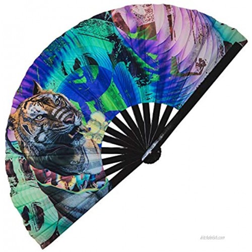 Hypnotiq Tiger Fluorescent Hand Fan Large Folding Fans for Festivals Rave Hand Fan Clack Fan