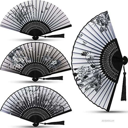 Jetec 4 Pieces Folding Fans Handheld Fans Bamboo Fans with Tassel Chinese Vintage Hand Fan Bamboo Folding Handheld Fan for Women Girls Party Wedding Dancing Decoration Supplies 4 Styles