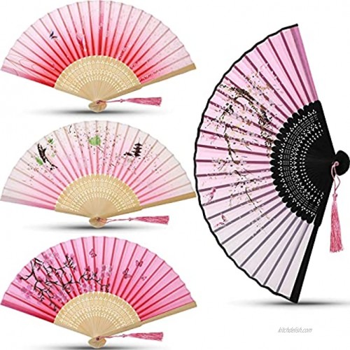 Jetec 4 Pieces Pink Folding Hand Fans Chinese Vintage Hand Fan Bamboo Folding Handheld Fan with Tassel for Women Girls Party Wedding Dancing Decoration Halloween Costume Presents Supplies 4 Styles