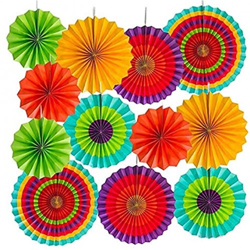 KRISMYA 12 Paper Fan Mexican Fiesta Cinco De Mayo Fiesta Colorful Paper Fans Round Wheel Disc Southwestern Pattern Design for Carnival，Kids Party Event Home Hanging Decoration Supplies Favors