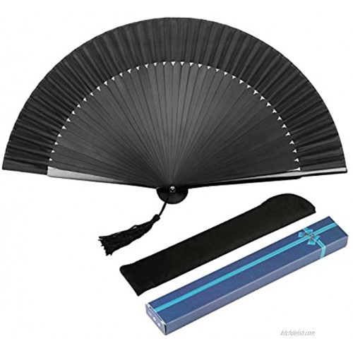 Metable Black Silk Folded Hand Fan Bamboo Handheld Folding Fan with Gift Boxed Oriental Handmade for DIY Wall Decoration Wedding Party Favor Women Man Dancing Show Prop