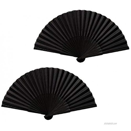 Minelife 2 Pack Bamboo Silk Folding Fan Handheld Chinese Vintage Retro Fabric Fans Black Hand Fan for Performance Dance Fighting Wedding Church Party & Gift