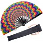 OMyTea Bamboo Large Rave Folding Hand Fan for Men Women Chinese Japanese Handheld Fan with Fabric Case for Electronic Dance Music Festival Party Performance Decorations Gift Trippy