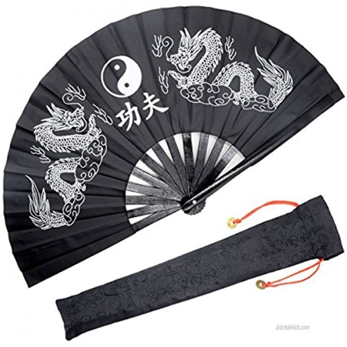 OMyTea Bamboo Large Rave Folding Hand Fan for Men Women Chinese Japanese Kung Fu Tai Chi Handheld Fan with Fabric Case for Performance Decorations Dancing Festival Gift Double Dragons