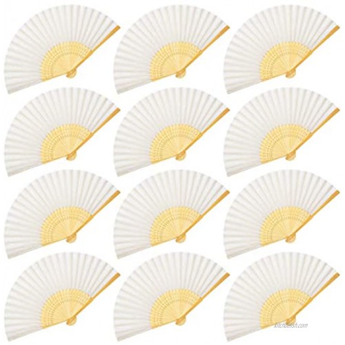 OMyTea Folding Hand Held Fans for Women 12pcs Chinese Japanese Handheld Silk Bamboo Fans for Wedding Guests DIY Decoration Performance Dancing Church Party Favors Festivals Gifts White