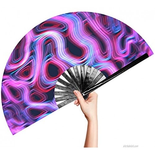 OMyTea Large Rave Clack Folding Hand Fan for Men Women Chinese Japanese Bamboo Handheld Fan for EDM Music Festival Club Event Party Dance Performance Decoration Gift Psychedelic Neon
