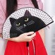 OULII Women Cartoon Cat Folding Silk Fan Handheld Fan Black
