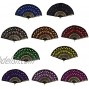 Rbenxia Vintage Folding Hand Fans Fabric Embroidered Sequins Fan Pack of 10 Pieces Random Color