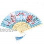 Summer Folding Fan Cute Fan-Shaped Fabric Chinese Style Bamboo Folding Hand Fan with Cute Patterns Fringe Folding Fan for Wedding Dancing Party Blue