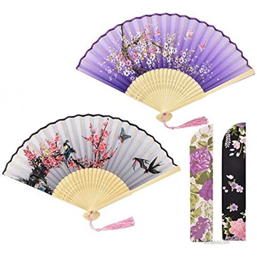VIOCIWUO Vintage Folding Hand Fans for Women 2 Pack Chinese Japanese Elegant Retro Style Bamboo Silk Fan with 2 Pcs Fabric Sleeve for Party Performance Decoration Wedding GiftBlack & Purple