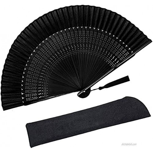 Zolee Folding Hand Fan for Women Foldable Chinese Japanese Vintage Fabric Fan for Hot Flash Dance Performance Decoration Party Gift Sexy Black