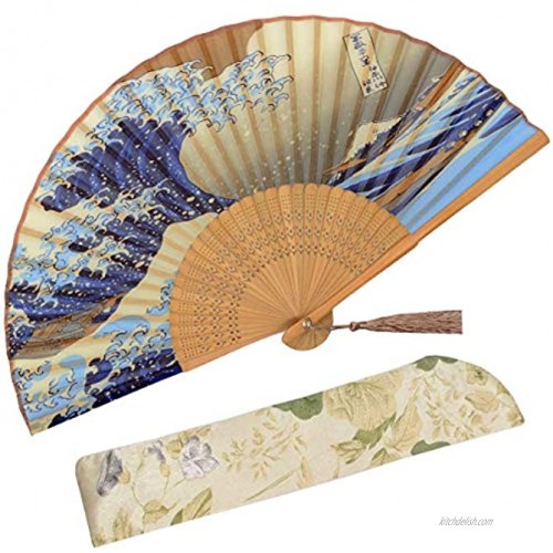 Zolee Small Folding Hand Fan for Women Chinese Japanese Vintage Bamboo Silk Fans for Dance Performance Decoration Wedding Party，Gift Kanagawa Sea Waves