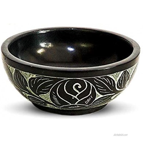 Kaizen Casa Hand Carved Natural Stone Bowl Smudge Bowl Stone Bowl Smudge Pot White Leaf Carved Design |Size_5” x 2” – Black | Ritual Bowl Display Bowl Jewelry Dish Kitchen Table Decor Gift.
