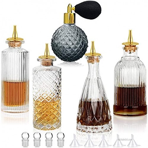 Bitters Bottle 5pcs Glass Dash Bottle Set for Vermouth Sprayer Atomizer Gold Plated Zinc Alloy Dasher Top Decorative Bottle for Cocktail and Display 5pcs