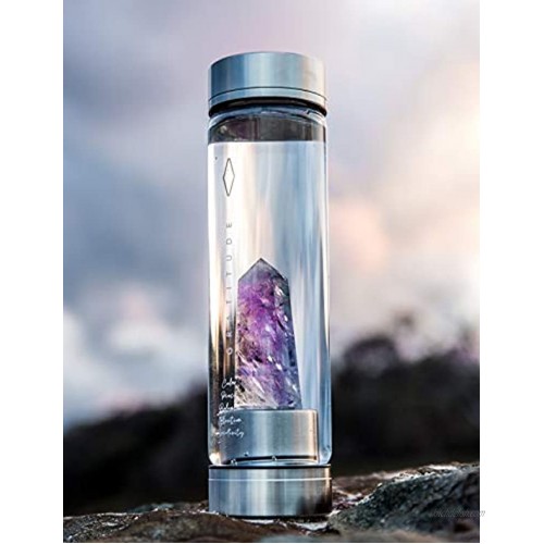 D I V I N E Amethyst Crystal Water Bottle for Healing and Wellness Beautiful quality Glass Bottle Gold engraving: the benefits of crystal & GRATITUDE. Portable use Large Crystals. Gift Ready.