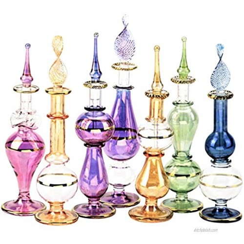 Egyptian Perfume Bottles Wholesale Set Of 12 Size 4” mouth-blown with handmade golden Egyptian decoration for Perfumes & Essential Oils.