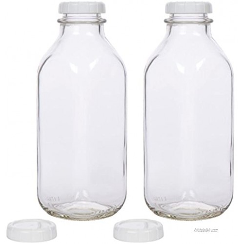 Glass Milk Bottle with Extra Lids Set of 2 USA Made 33.8 Oz Jug Thick Durable Milk Bottle Larger than 1 Quart
