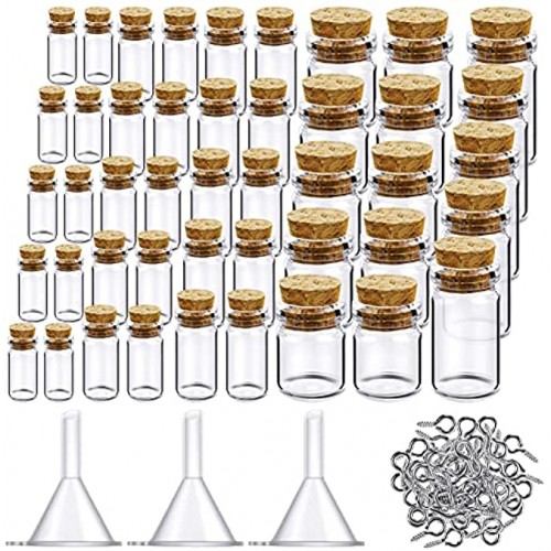 Sherli 45 Pieces Mini Glass Bottles with 50 Pieces Eye Screws and 3 Pieces Funnels Clear Small Wishing Jars with Cork Stoppers Tiny Cork Glass Bottles for DIY Art Crafts Party Home Decoration 5 Sizes