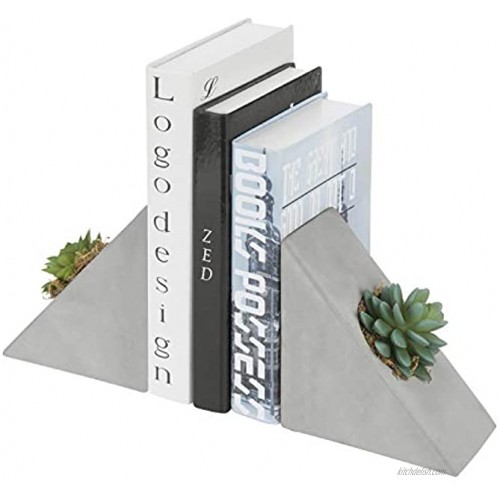 MyGift Triangular Concrete Bookends with Decorative Artificial Succulent Plant 1 Pair