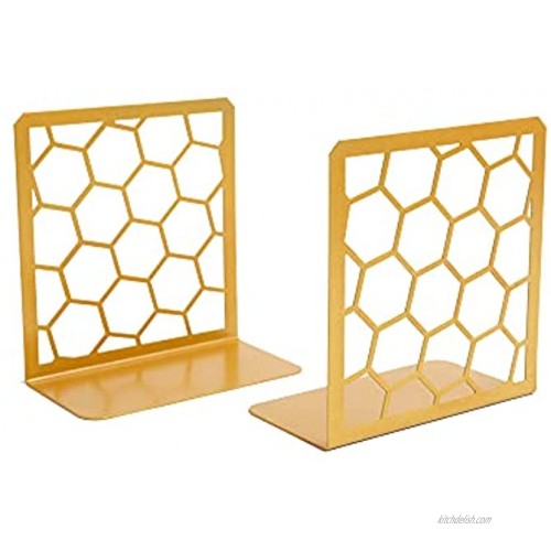 Premium Gold Bookends Geometric Honeycomb Metal Book Ends 1 Pair Book End for Shelves