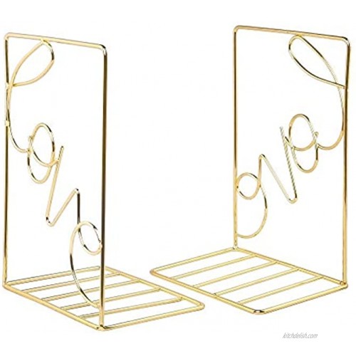 Yagote 1 Pair Desktop Bookends Metal Hollow Book Ends Wire Metal Book Stand for Home Bedroom Decor Office Supplies Gold
